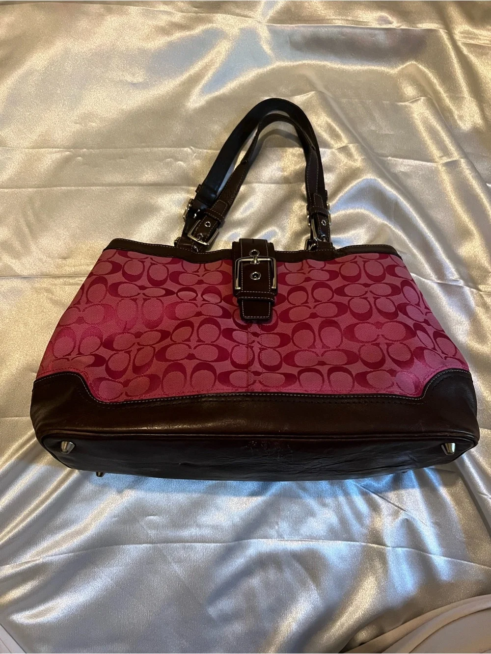 Coach Pink Signature Canvas Tote with Dark Brown Leather Accents